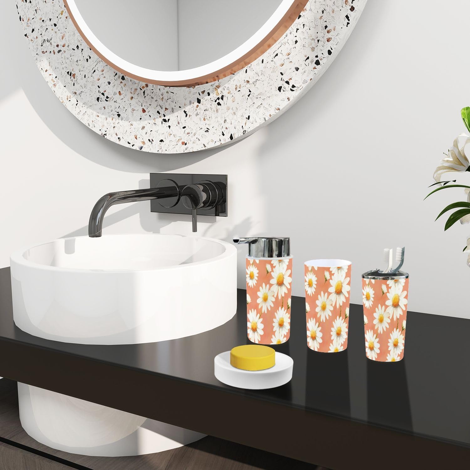 Boho Daisy Pattern 6 Piece Bathroom Accessory Set
