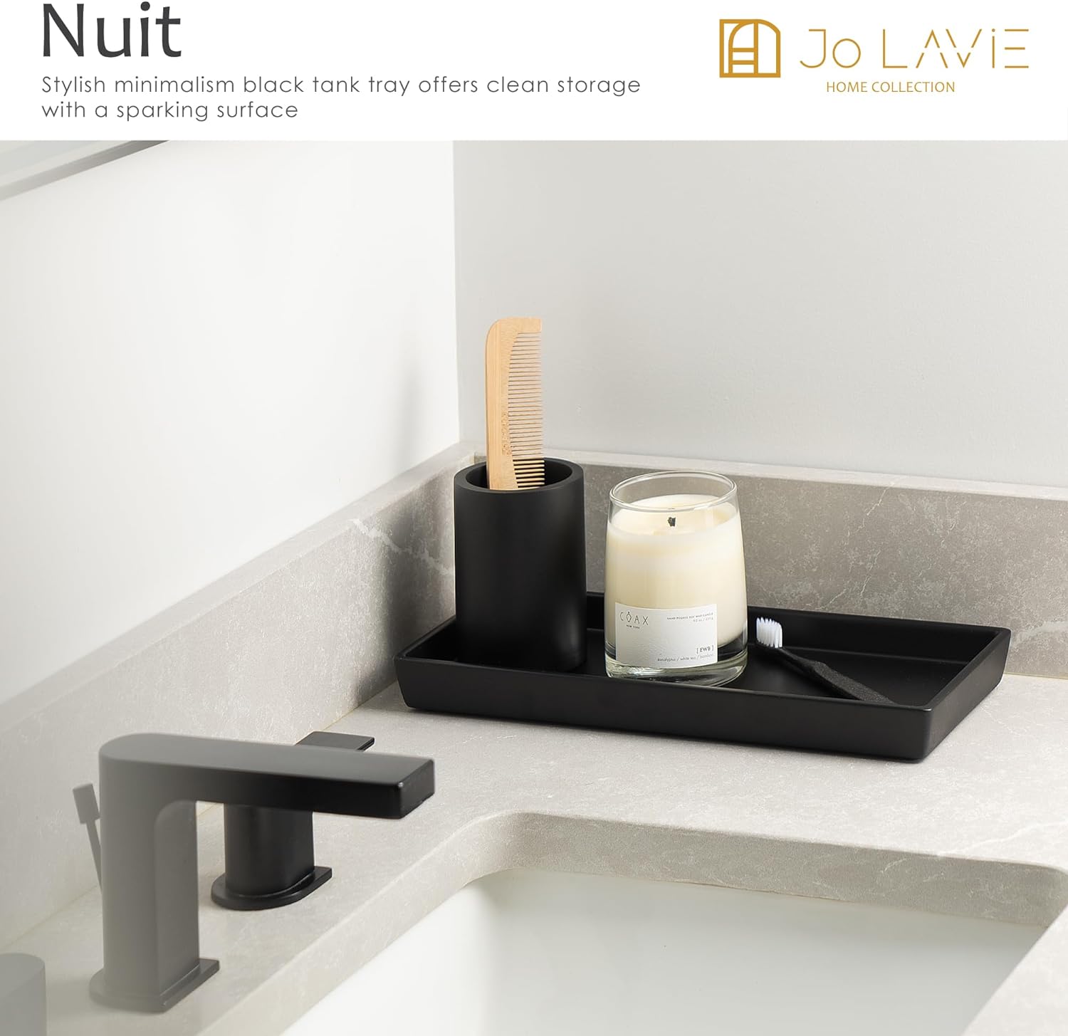 Black Resin Vanity Tray 12x5 Inch Minimalist Bathroom Organizer