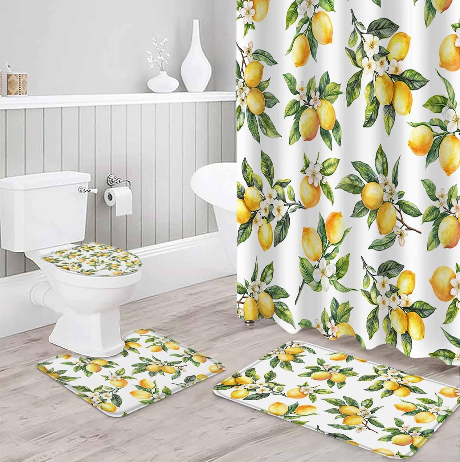 Yellow Lemon Bathroom Set with Curtain Rug and Accessories