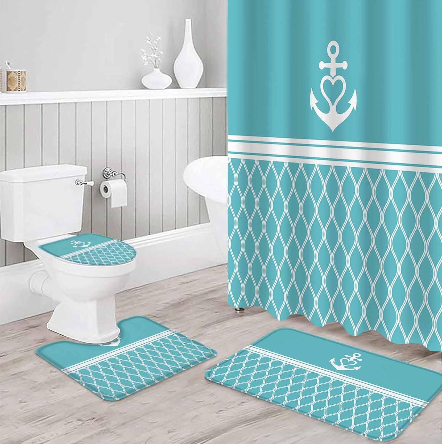 ZOE GARDEN Blue Morocco Bathroom Set with Curtain Rug and Accessories