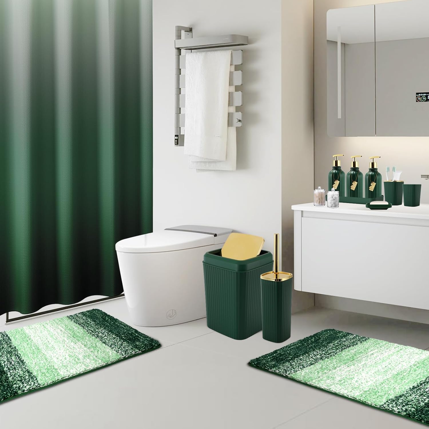 WSBArt 32PCS Bathroom Set with Hunter Green Shower Curtain and Rugs