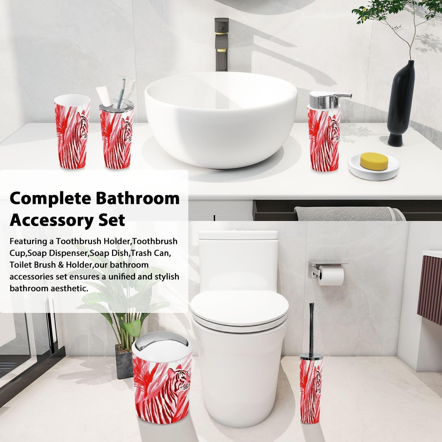 Boho Chalk Stripes Animal Print Bathroom Accessories Set 6 Piece