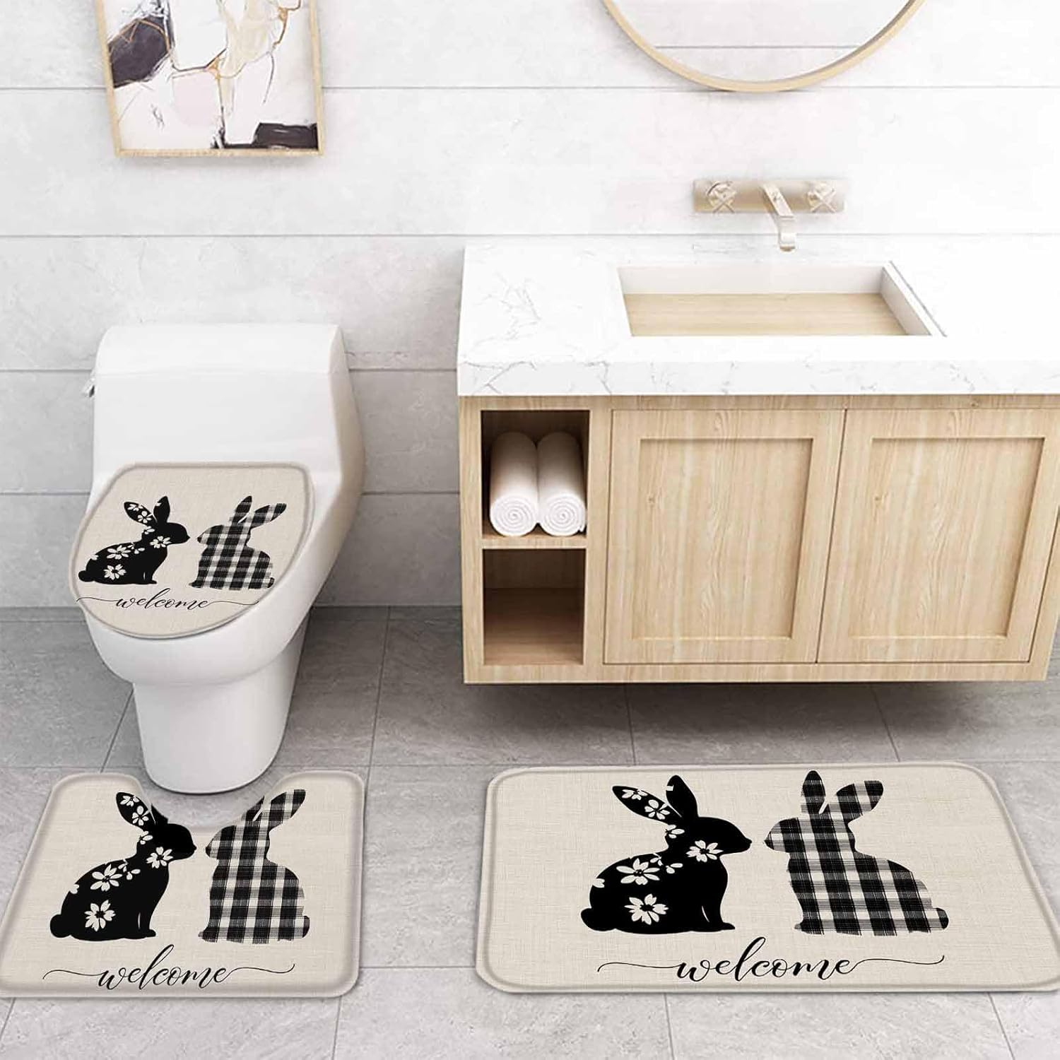 ZOE GARDEN Flowers Rabbit Bathroom Set with Shower Curtain and Rug