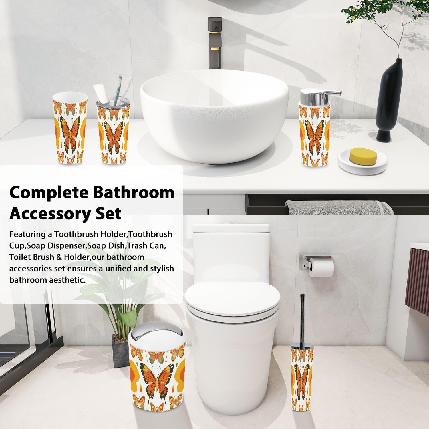 Boho Bathroom Accessories Set 6 Piece Retro Insects Style
