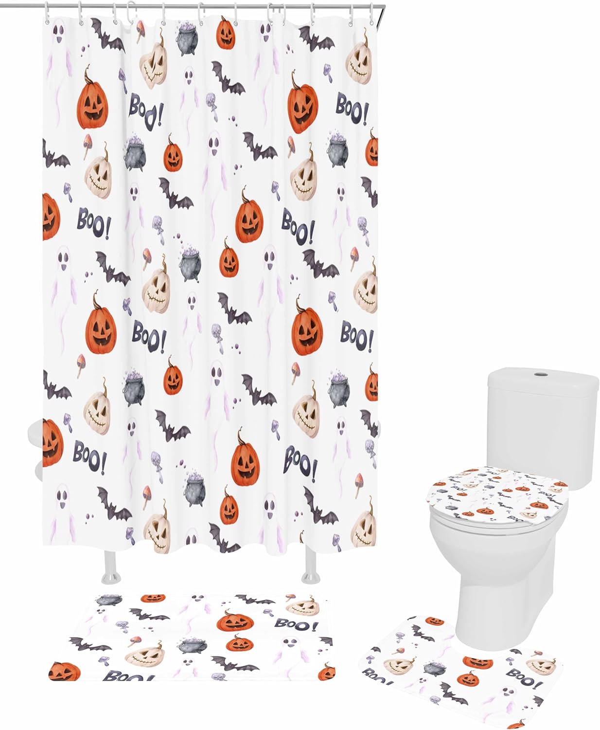Halloween Bath Set with Curtain Rug and Hooks - 72x72 Inches