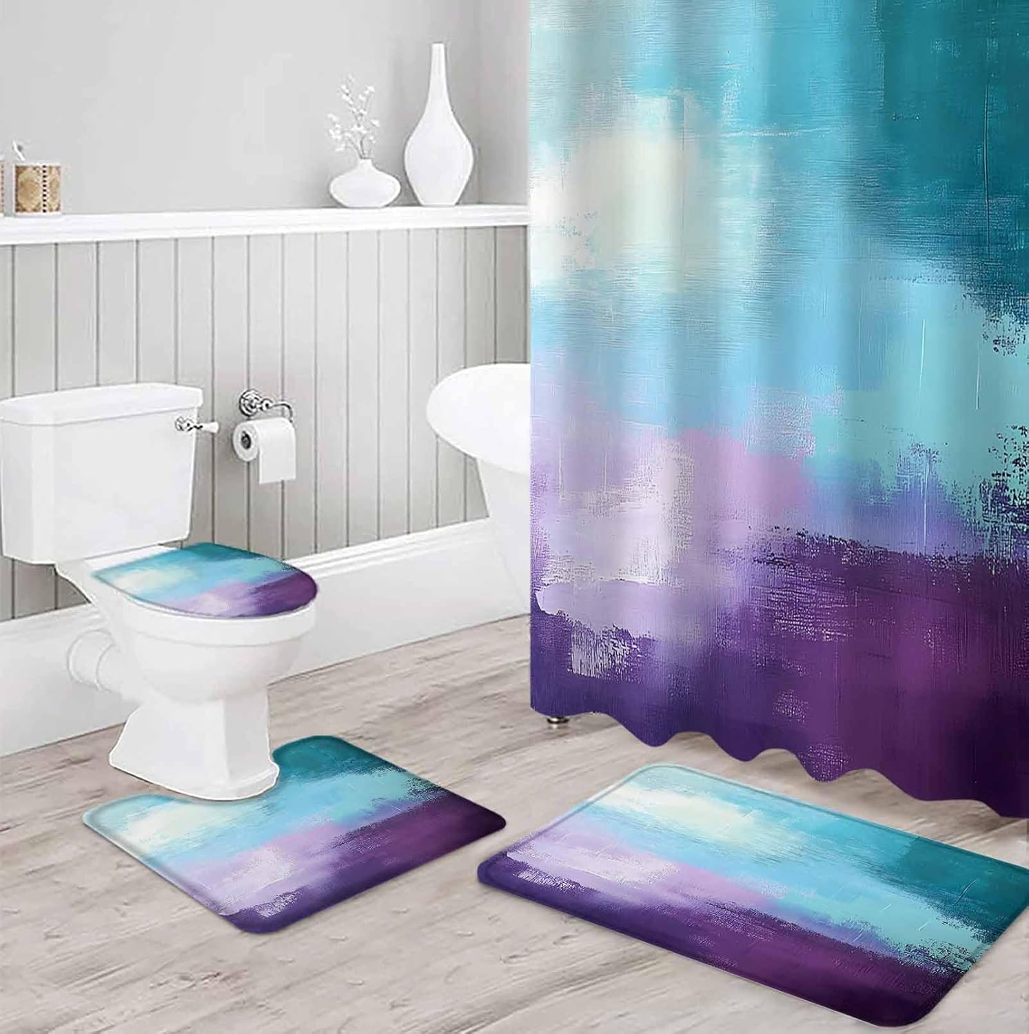 Purple Turquoise Bathroom Set with Shower Curtain Rug Accessories