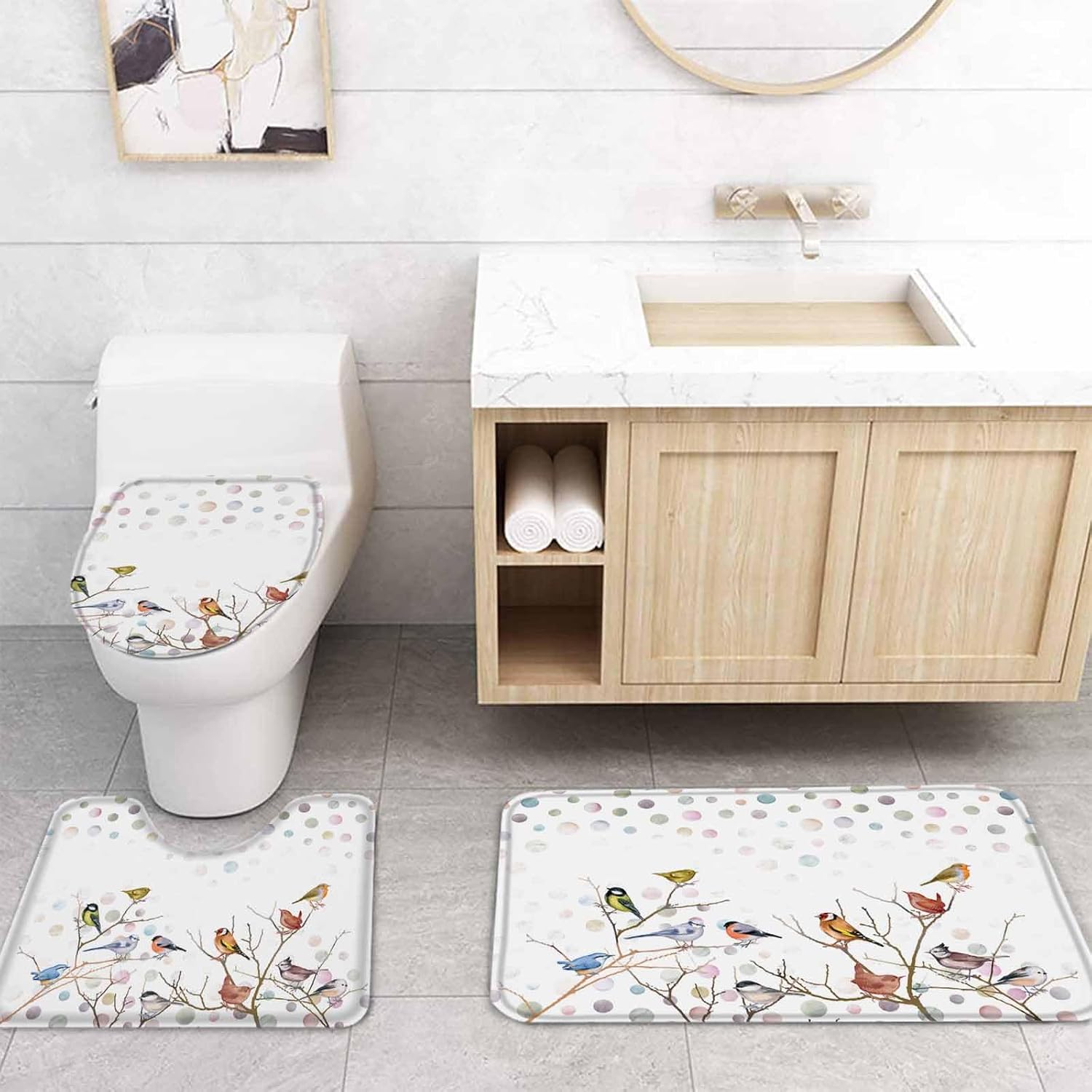 ZOE GARDEN Brids White Bathroom Set with Rug and Accessories