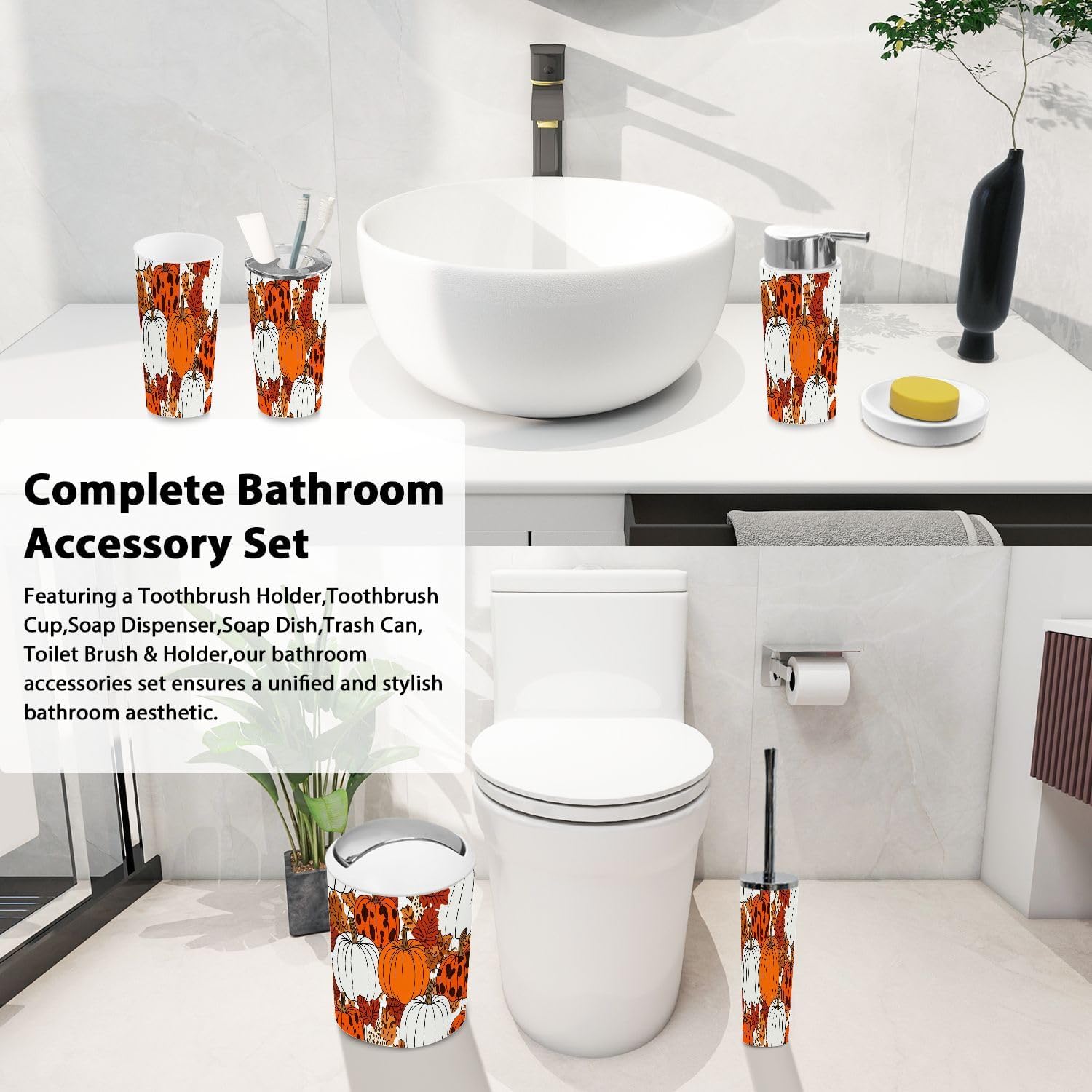 Bathroom Accessory Set 6 Pieces Boho Leopard Orange Pattern