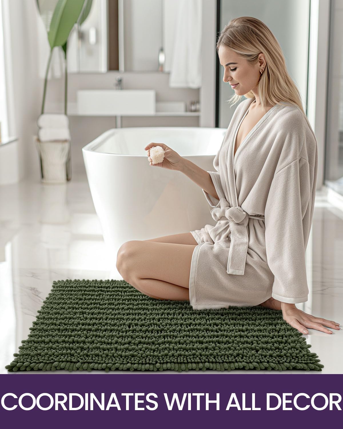 DEXI Olive Green Bath Mat 20x32 Non Slip Chenille Rugs