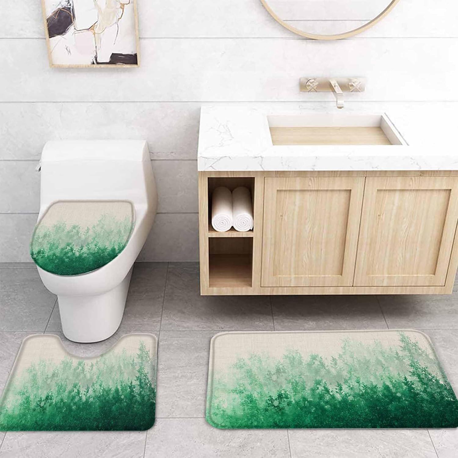 Forest Green Bathroom Set with Shower Curtain Rug and Accessories
