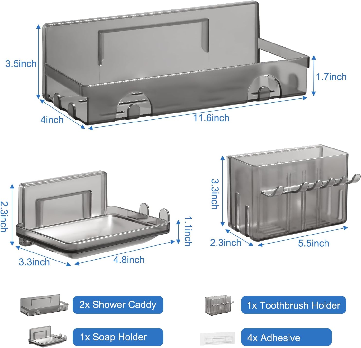 YOTOCK 4-in-1 Shower Caddy Set with Adhesive Mount and Drainage
