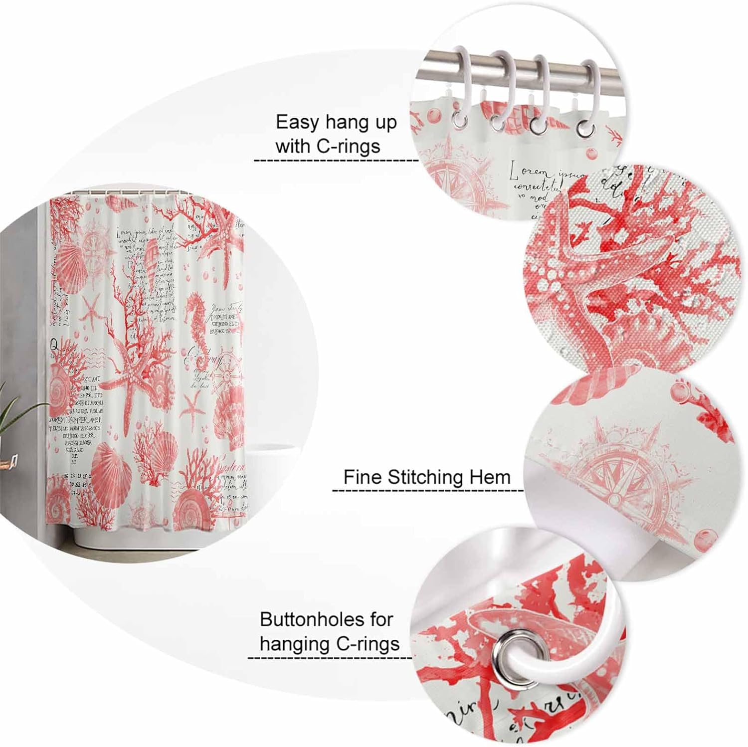 ZOE GARDEN Red Coastal Bath Set with Curtain Rug and Accessories