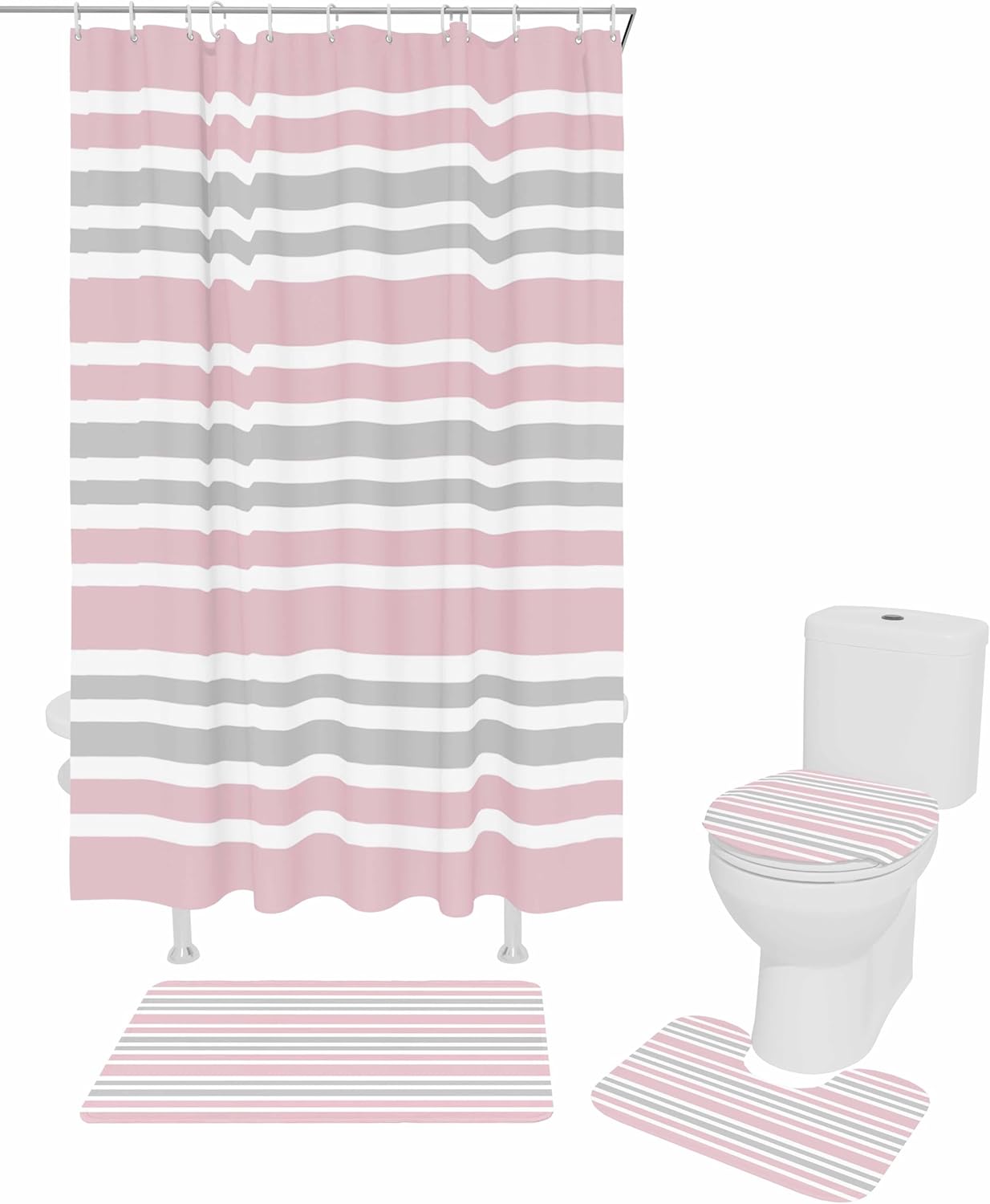 Pink Grey Bathroom Set with Curtain Rug and Accessories