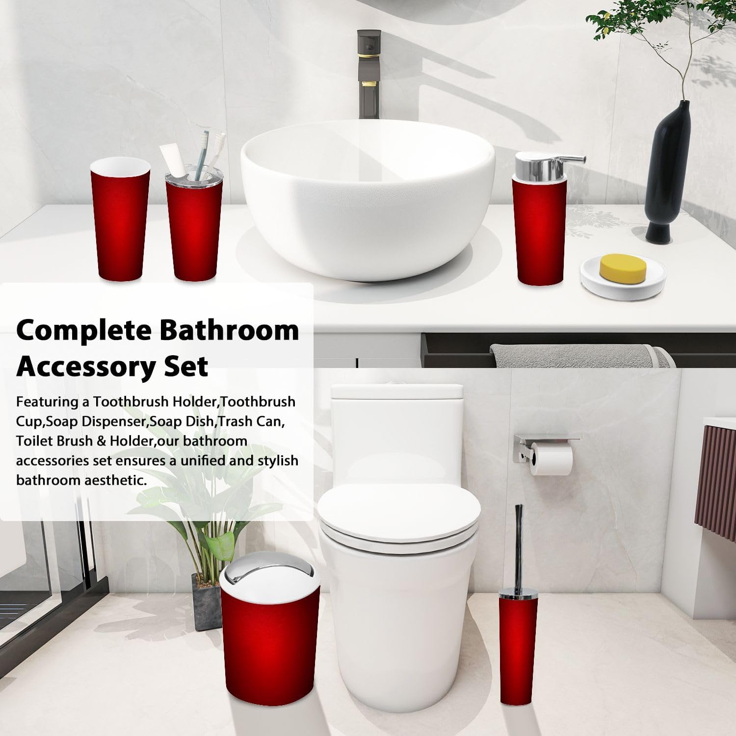TRANQDEHOM 6-Piece Boho Abstract Red Bathroom Accessory Set 1