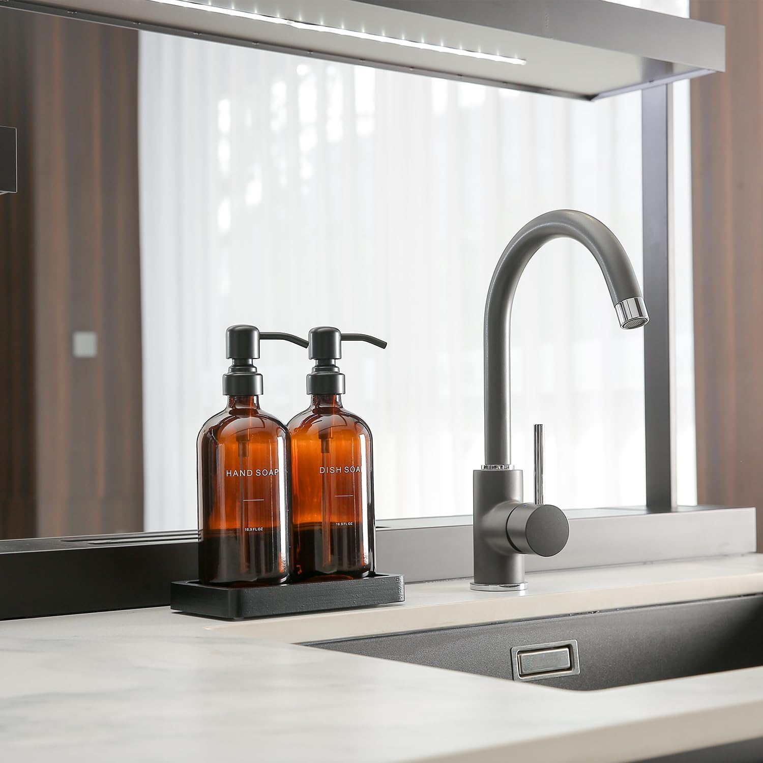 Amber Glass Soap Dispenser Set with Metal Pump
