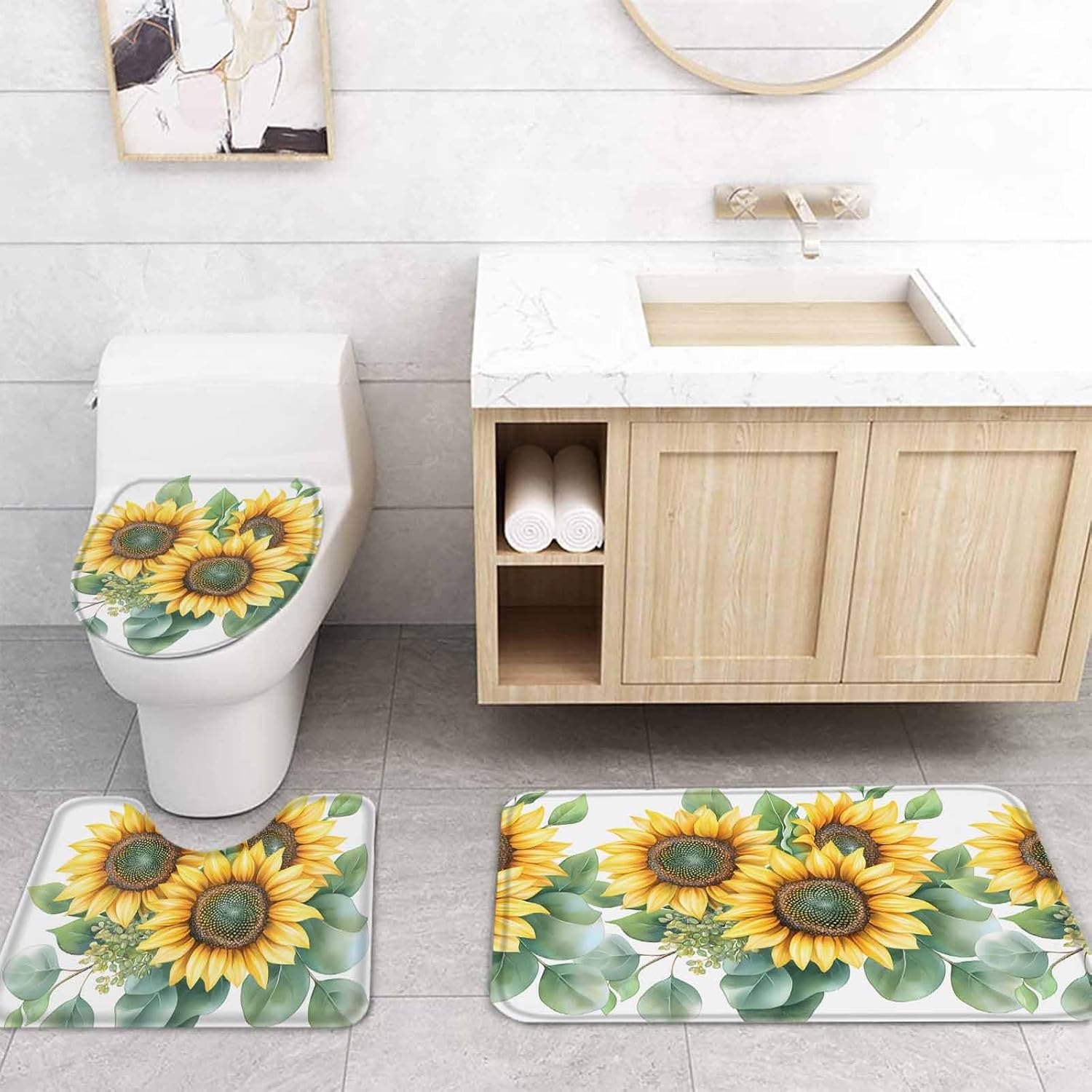 ZOE GARDEN Sunflower Bath Set - 36x72 Waterproof Curtain Mat Rug Accessories
