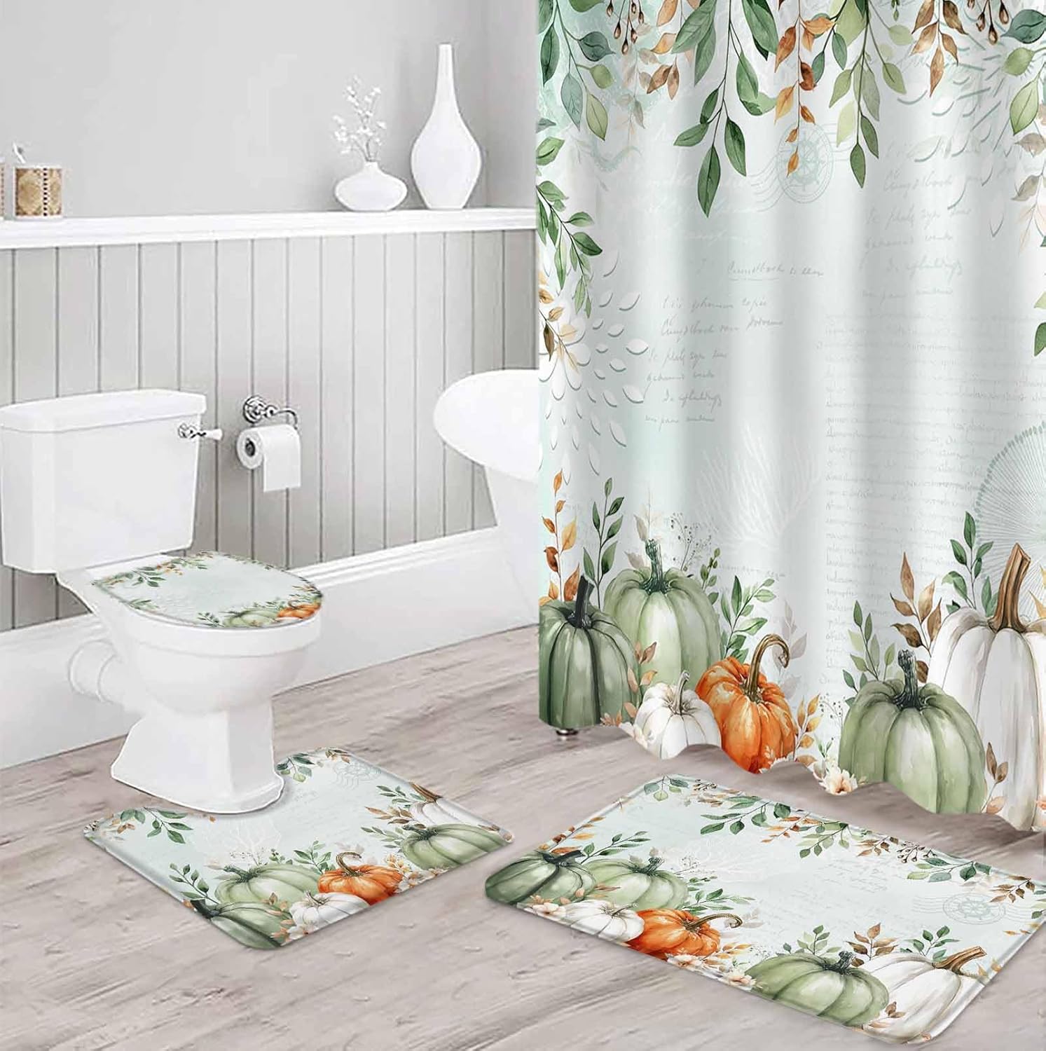 ZOE GARDEN Autumn Pumpkin Bath Set with Curtain Rug and Hooks 1