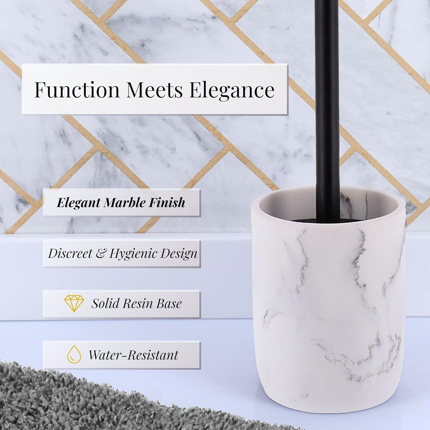 White Marble Toilet Brush with Holder Set Modern and Durable