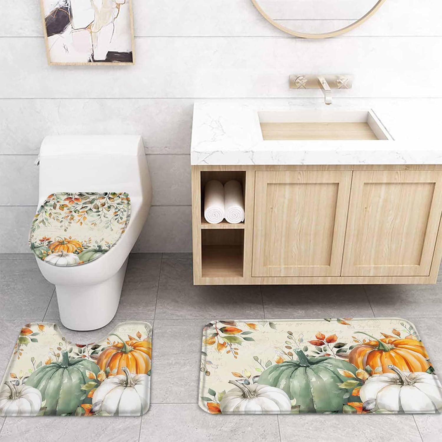 Thanksgiving Bathroom Set with Curtain Rug and Hooks