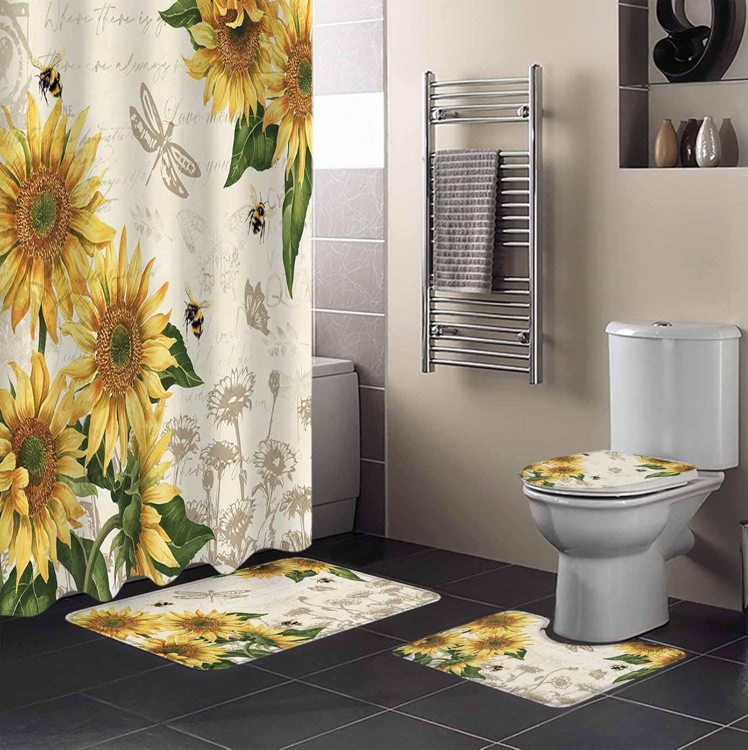 ZOE GARDEN Sunflowers Bathroom Set - 36x72 Inches Farmhouse Retro