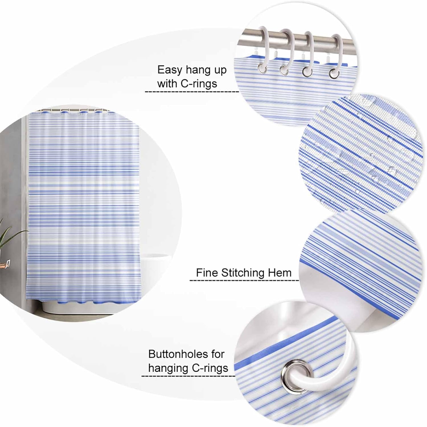 ZOE GARDEN Blue Pinstripe Bathroom Set with Curtain Rug and 12 Hooks