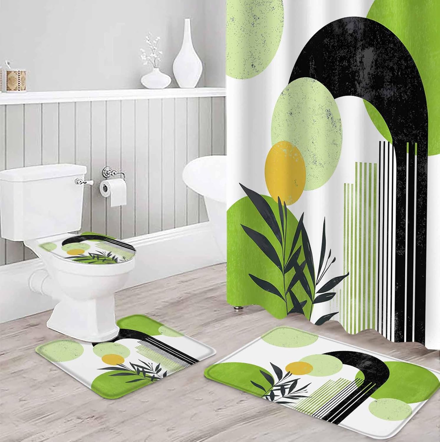 ZOE GARDEN Boho Green Bathroom Set with Curtain Rug and Hooks