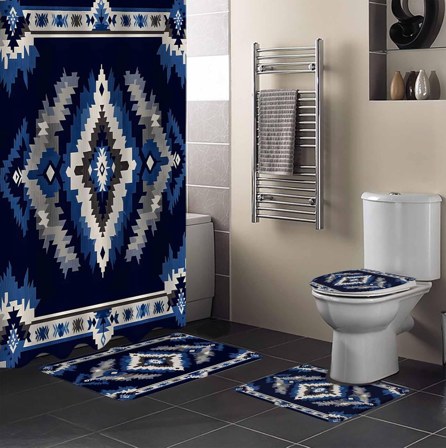 ZOE GARDEN Navy Blue Aztec Bathroom Set
