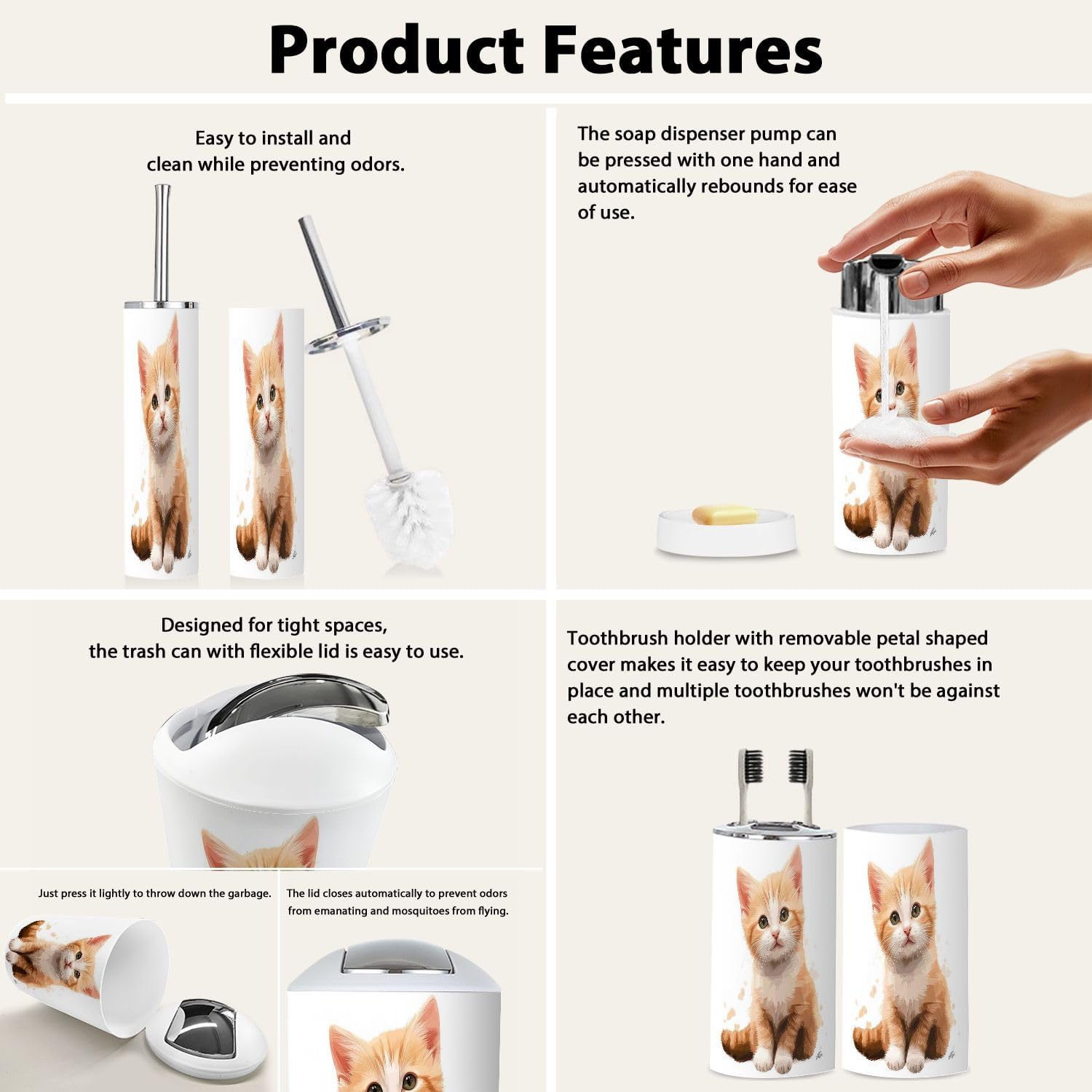 Boho Cute Orange Cat Bathroom Accessories Set of 6