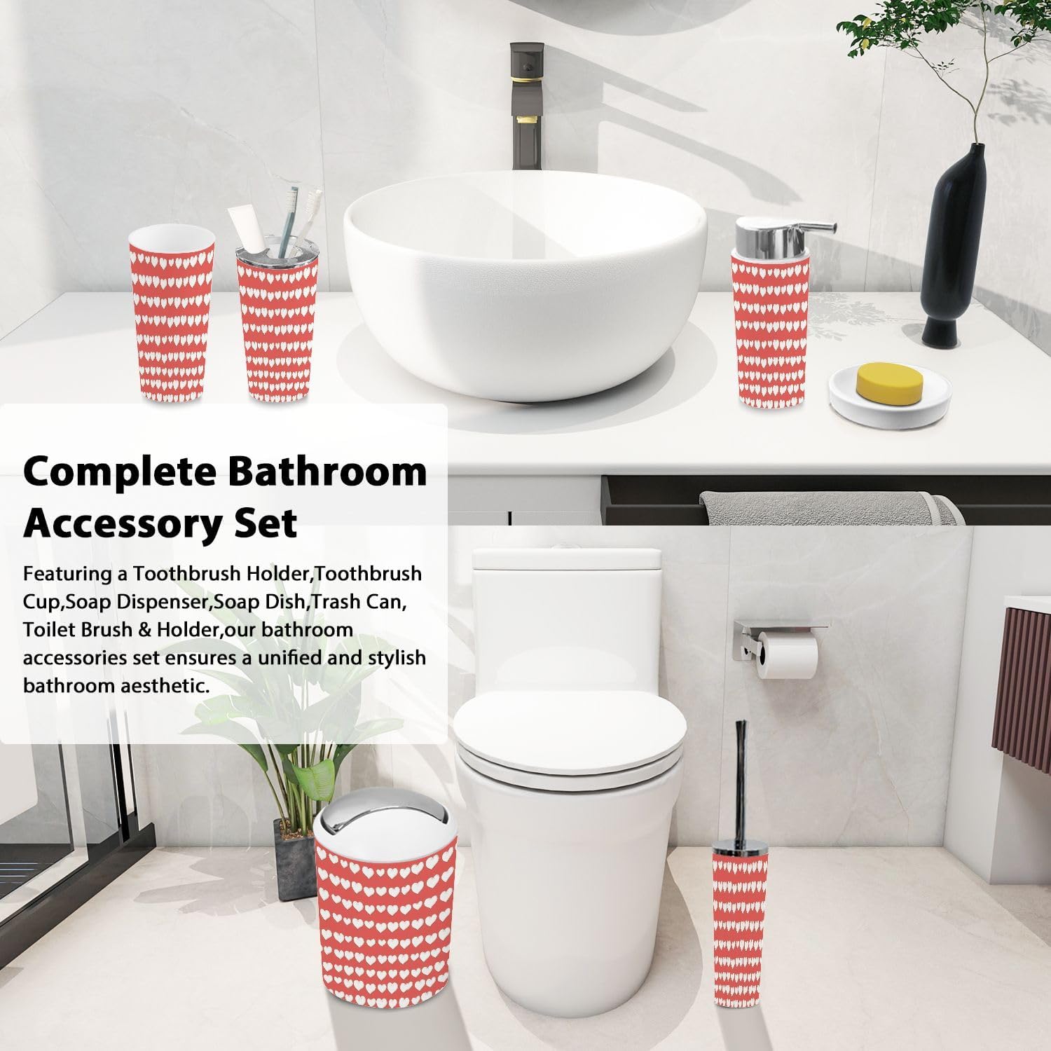 Boho Red White Heart Pattern Bathroom Accessory Set of 6
