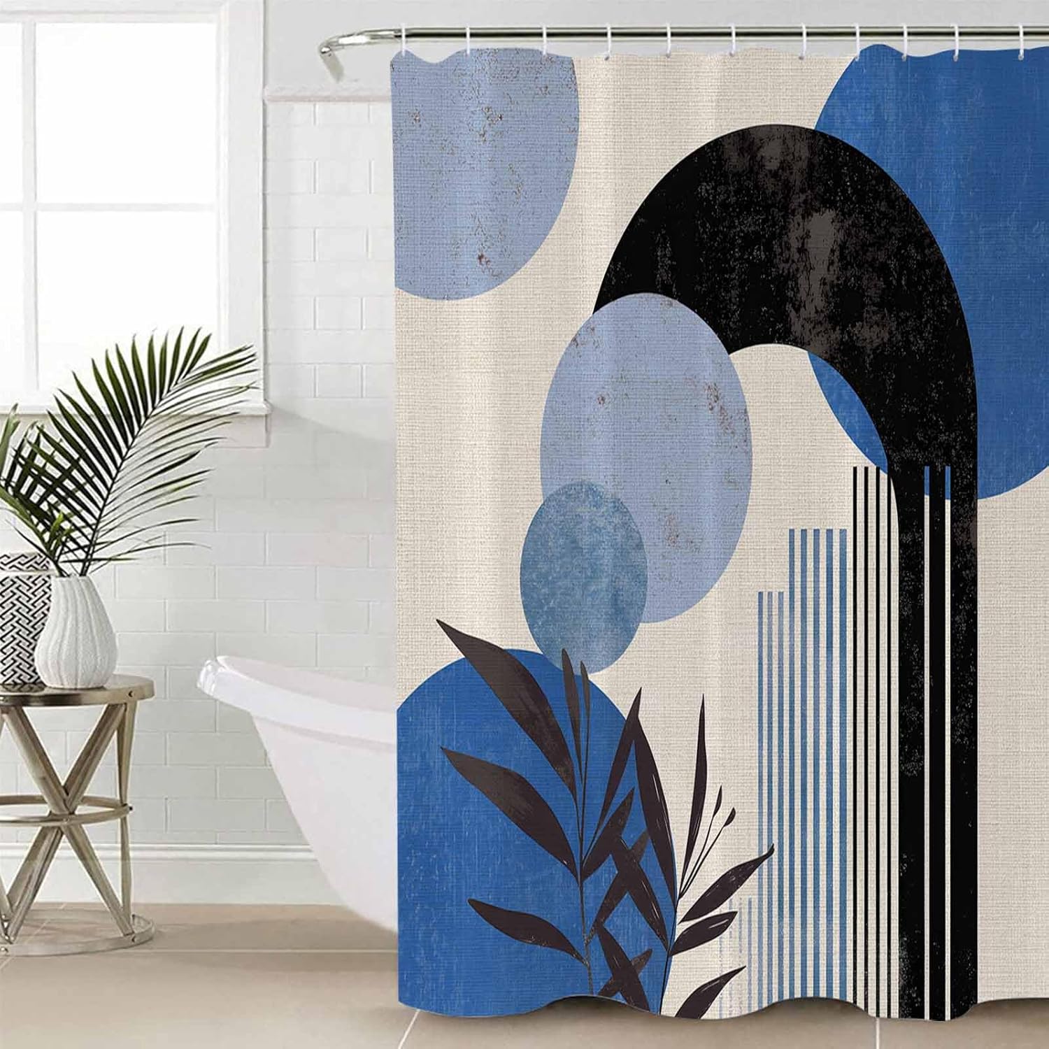 Boho Blue Bathroom Set with Curtain Rug and Hooks