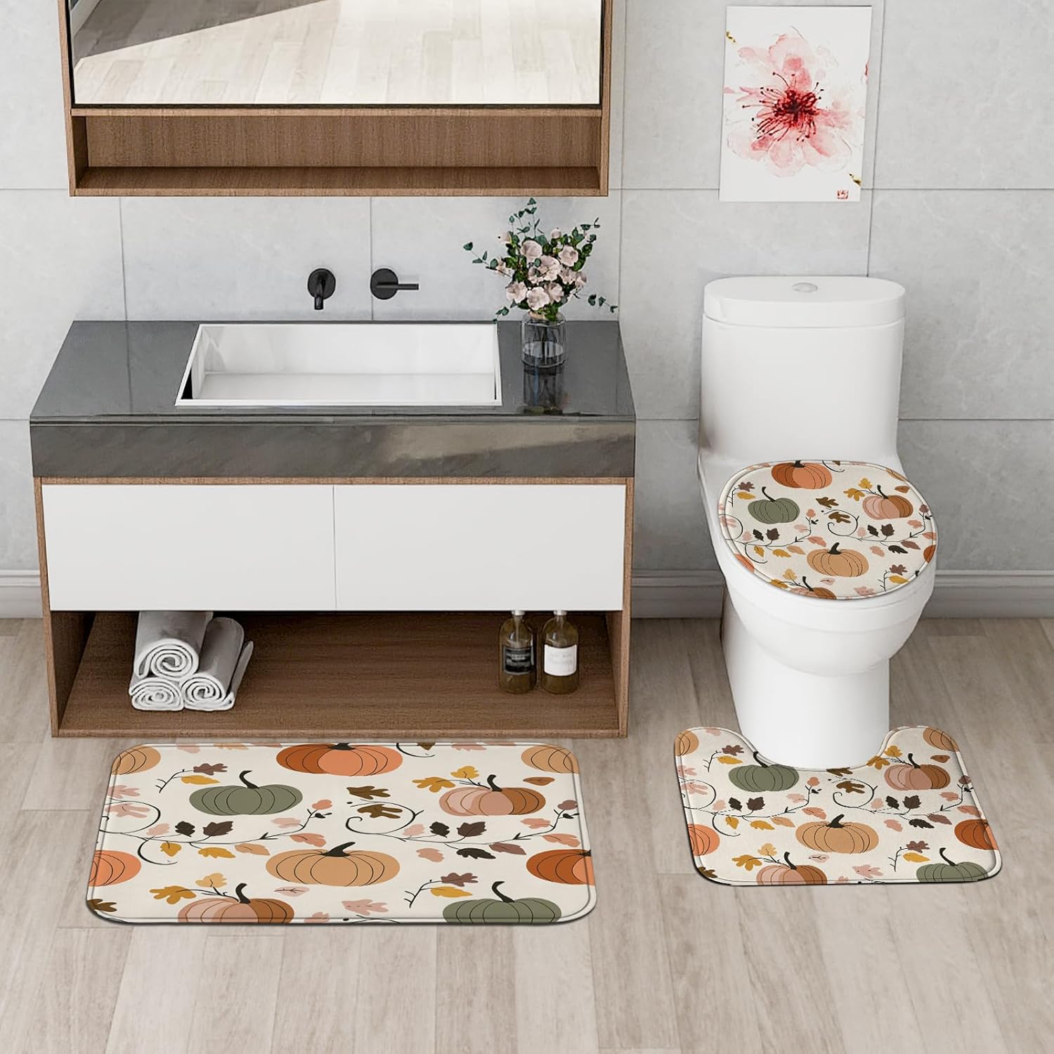 4PCS Fall Cream Pumpkin Bathroom Set with Non-Slip Rug and U Shape