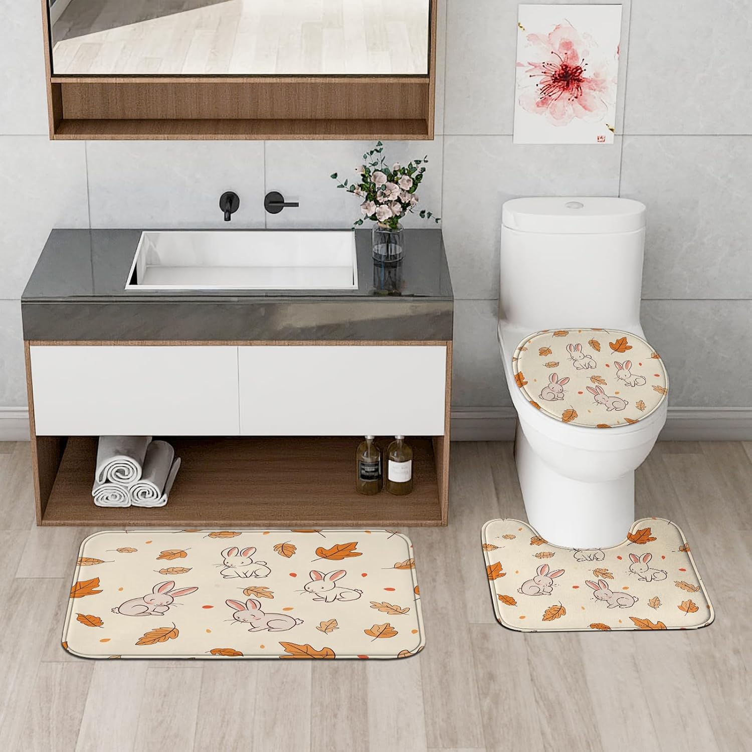 4PCS Fall Cartoon Rabbit Bathroom Set with Non-Slip Rug