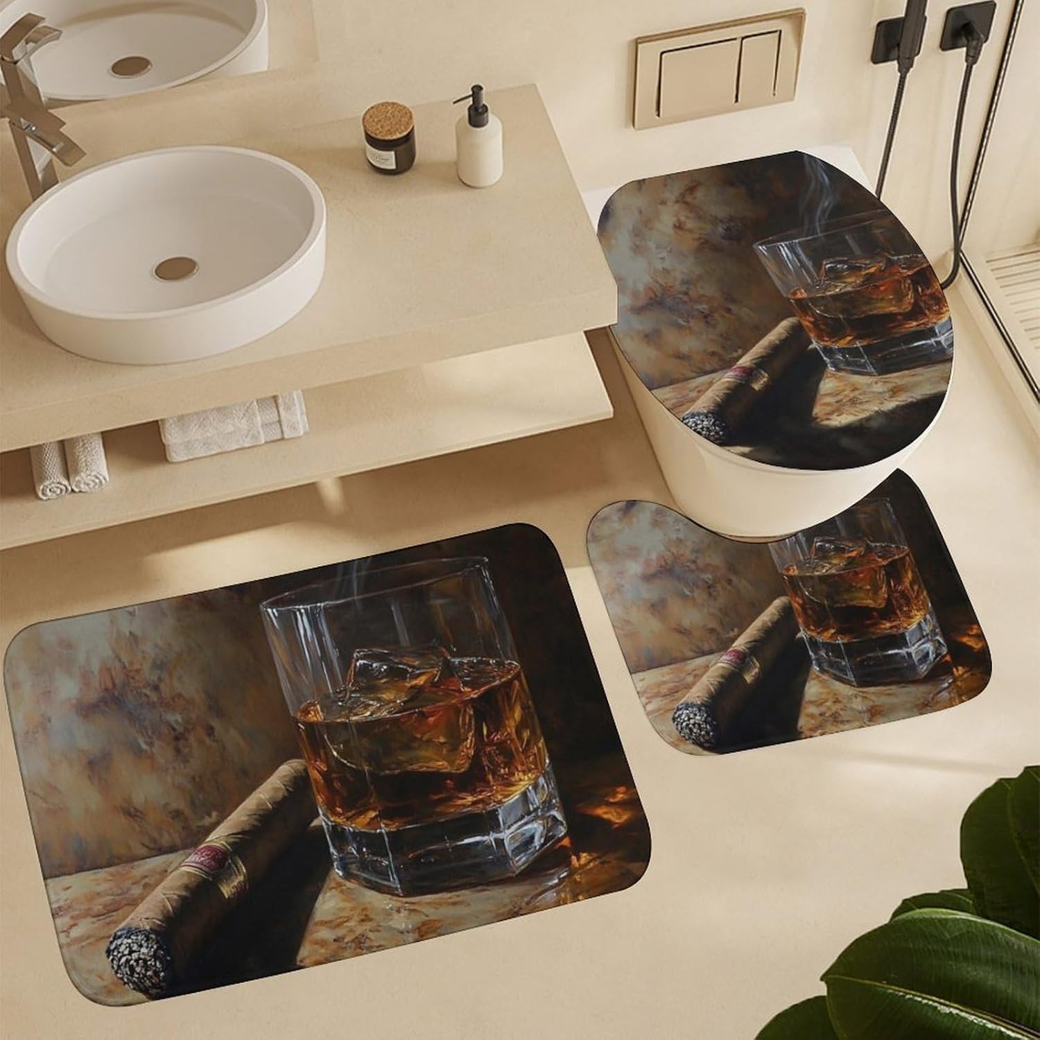 HDESDIS 4Pcs Cigar Oil Painting Shower Curtain Set