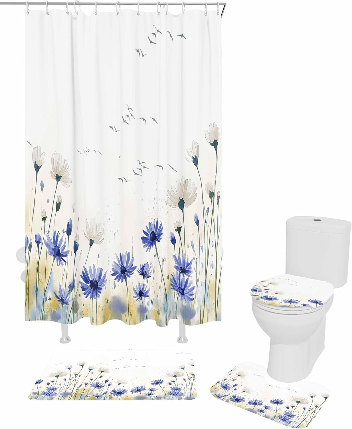 ZOE GARDEN Blue Daisy Bath Set with Curtain Rug and Hooks