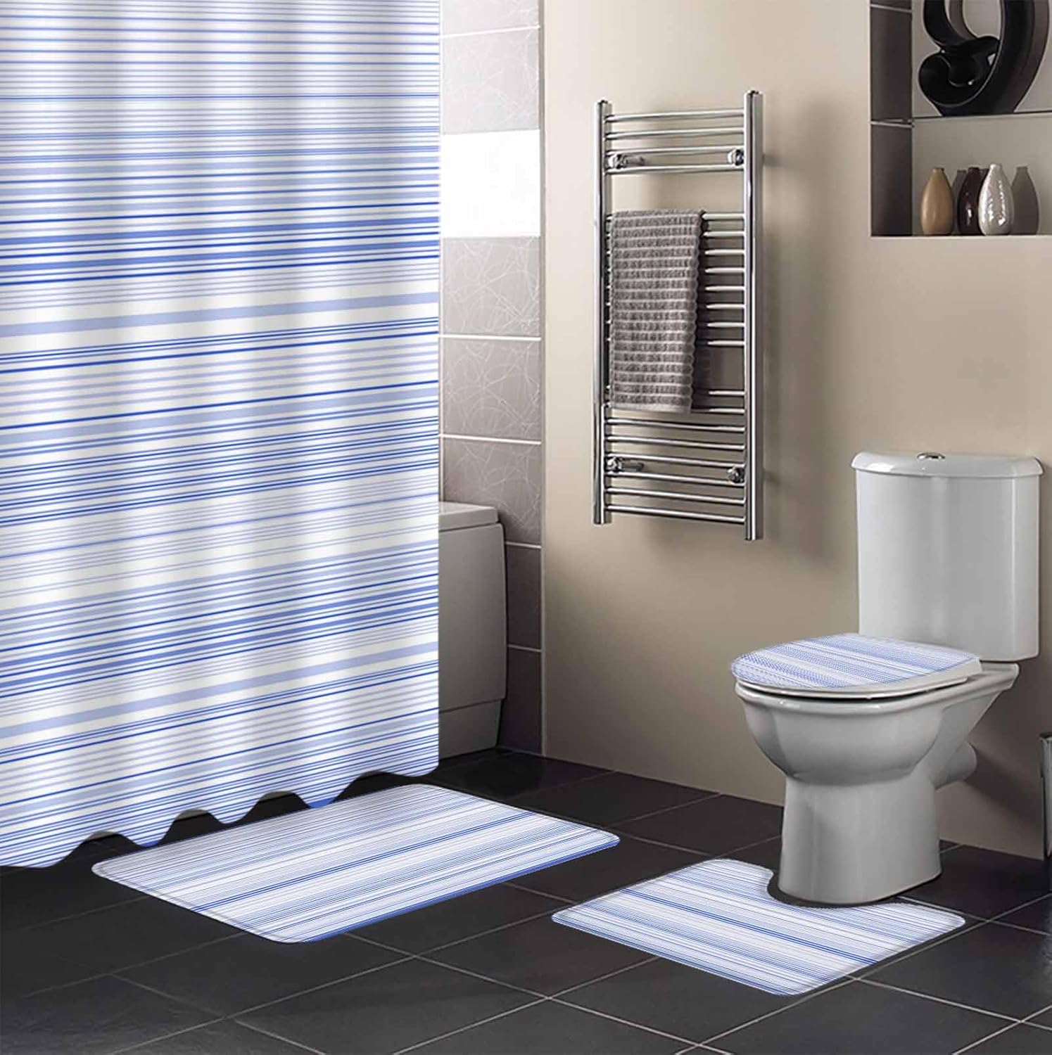 ZOE GARDEN Blue Pinstripe Bathroom Set with Curtain Rug and 12 Hooks