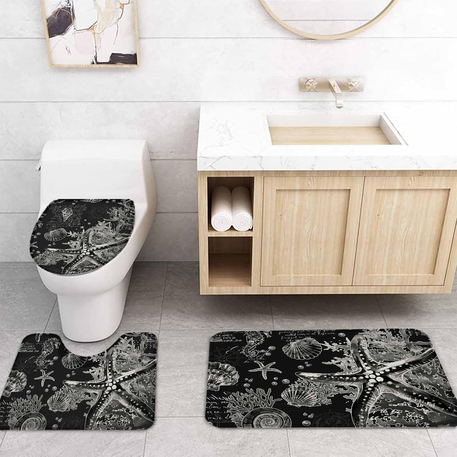 Coastal Black Bathroom Set with Shower Curtain and Rug - 36x72 Inches Nautical Design