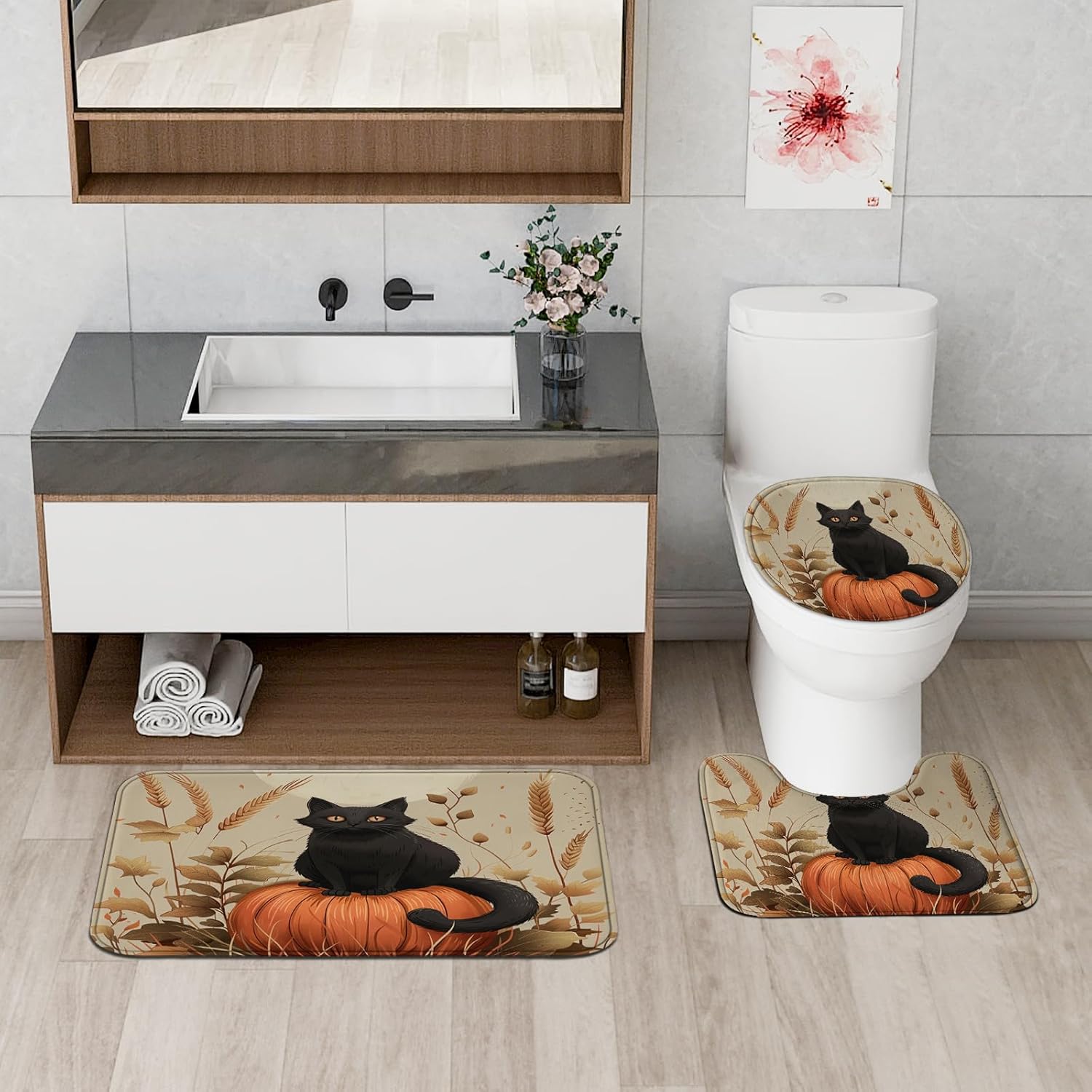 4PCS Fall Cartoon Cat Bath Accessory Set with Non-Slip Rug