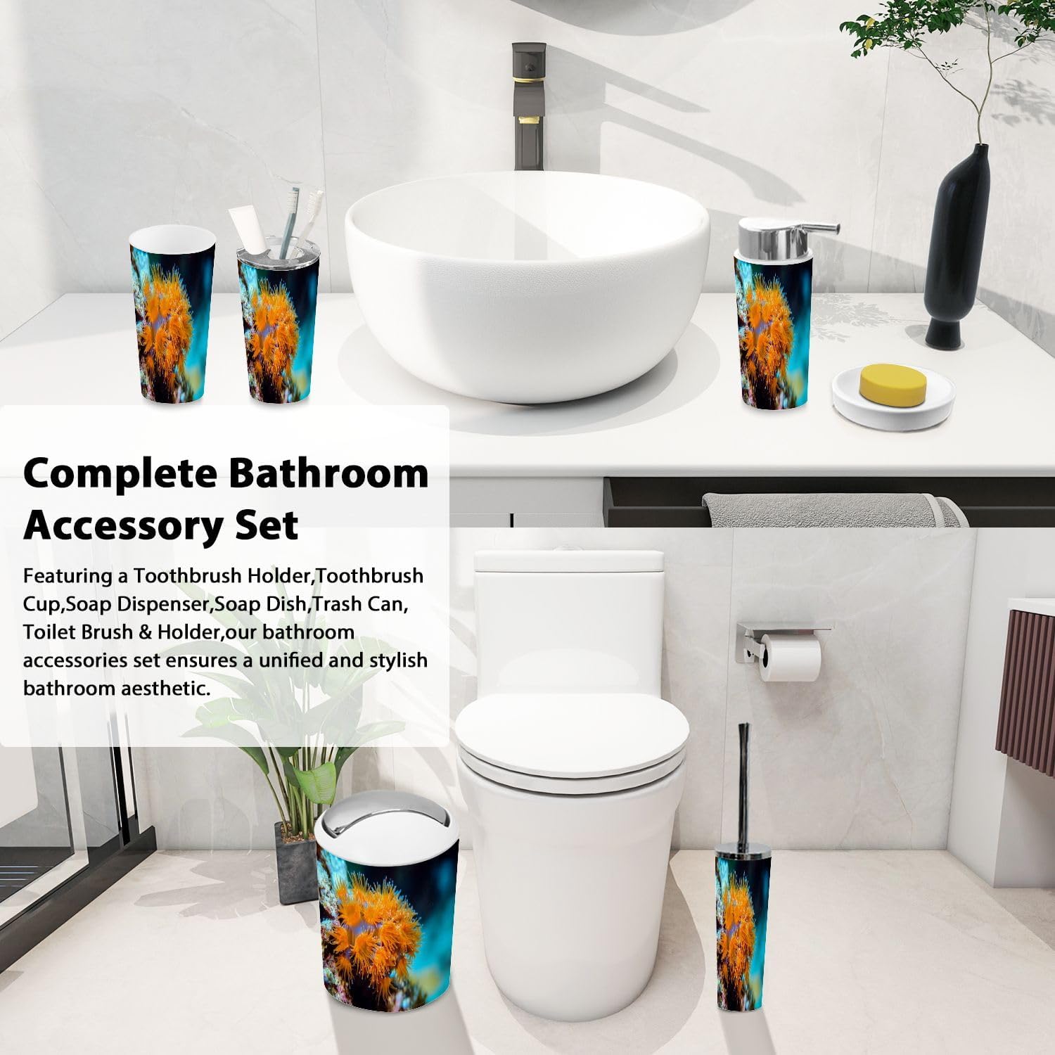 Boho Coral Bathroom Accessory Set 6 Piece