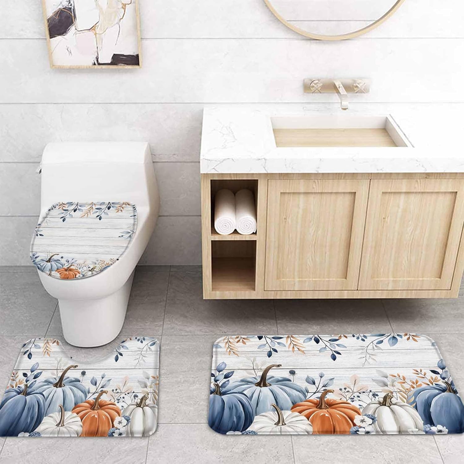 Thanksgiving Pumpkin Bathroom Set with Curtain Rug and Hooks