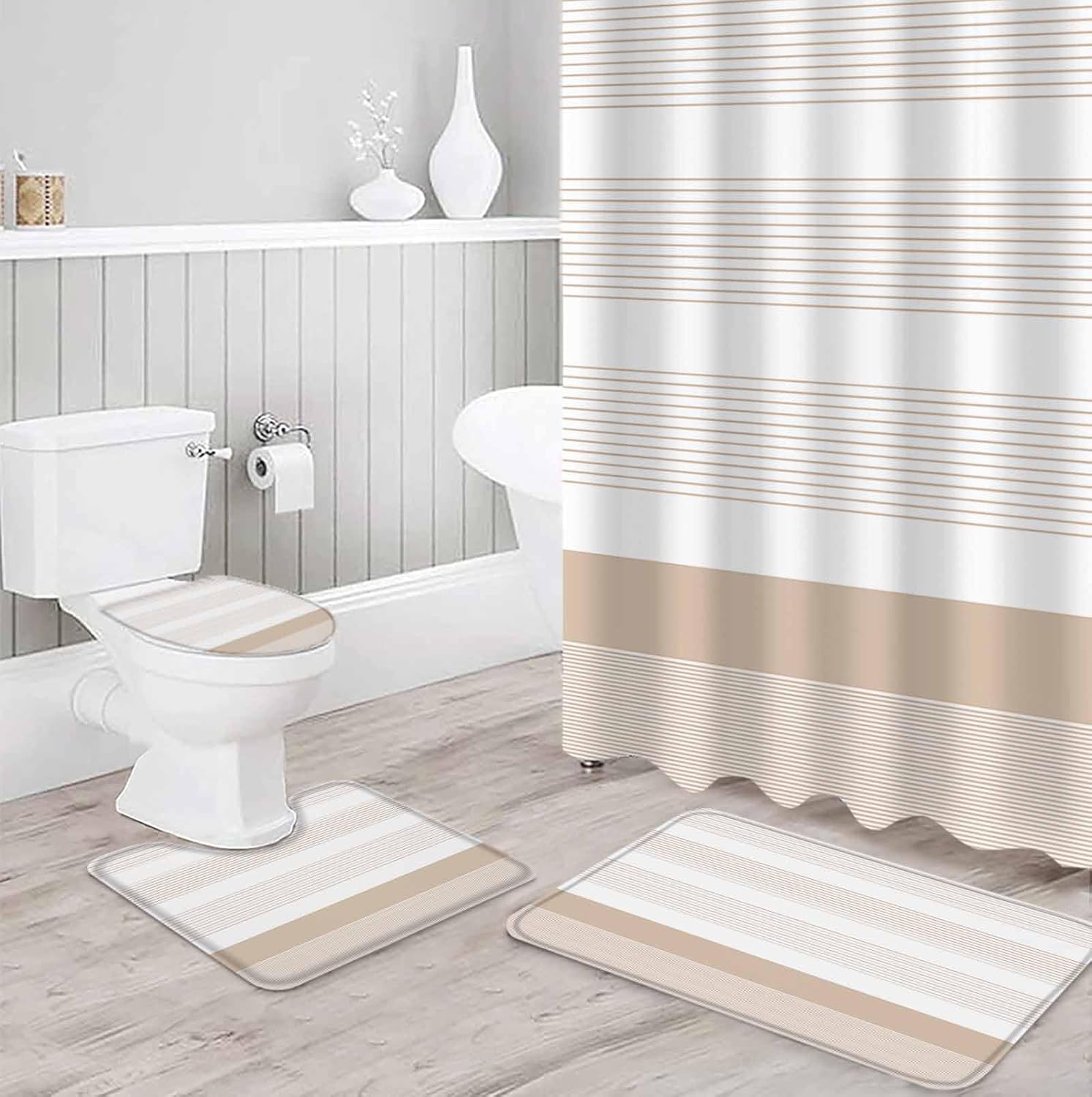 ZOE GARDEN Brown Stripe Bathroom Set with Curtain Rug and Accessories