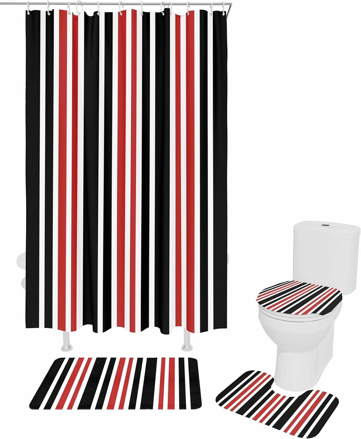 ZOE GARDEN Red Black Striped Bath Set with Curtain Rug Hooks