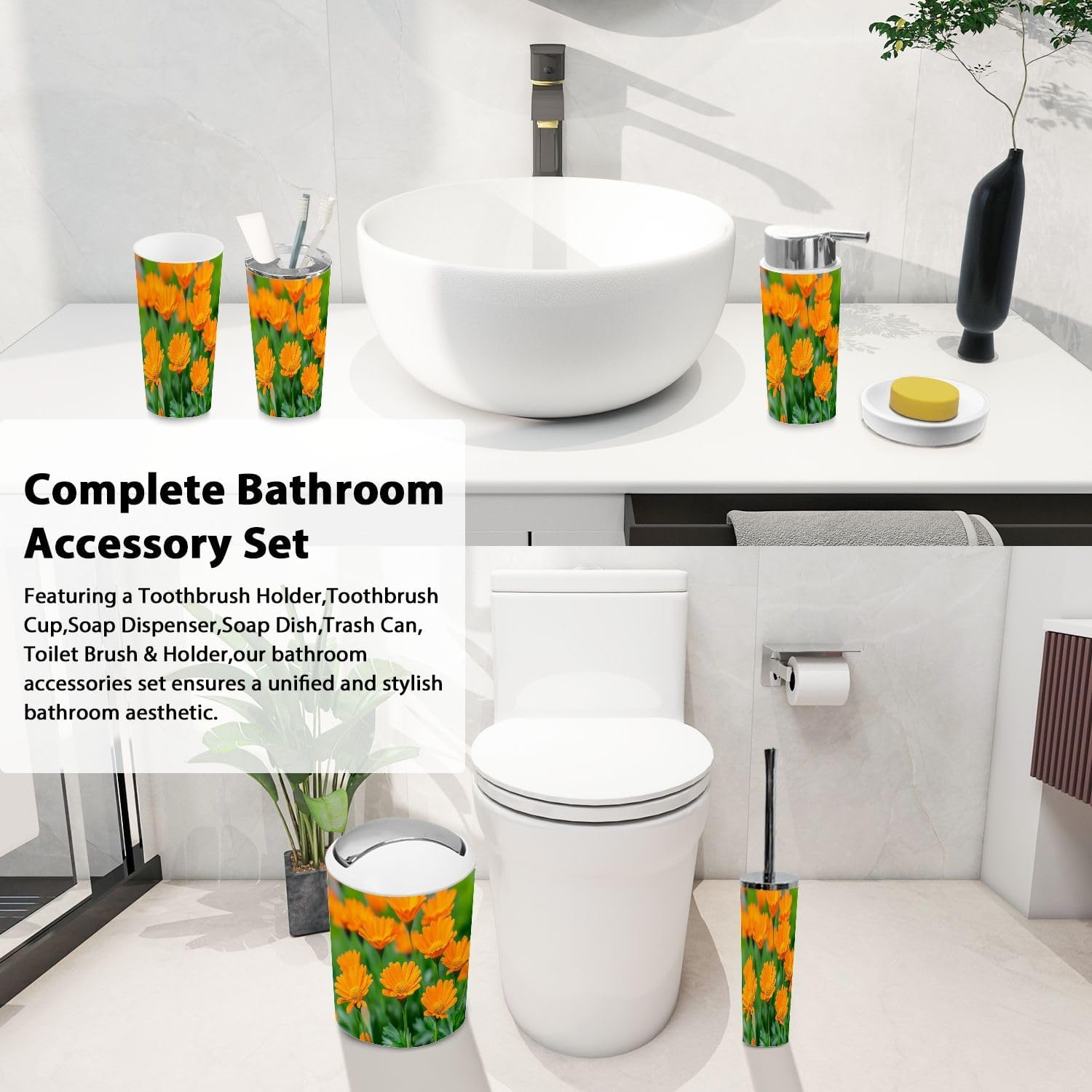 Boho Flower Bathroom Accessories Set of 6
