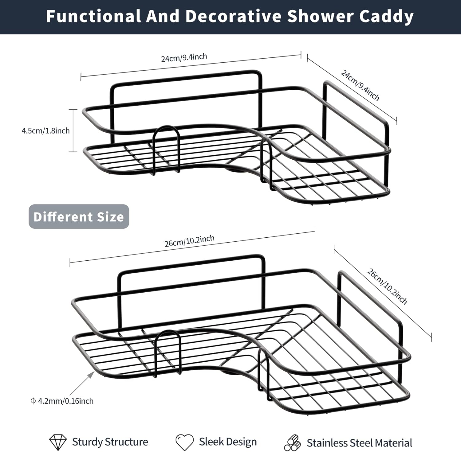 Kiemeu Corner Shower Caddy Shelf No Rust Black Organizer