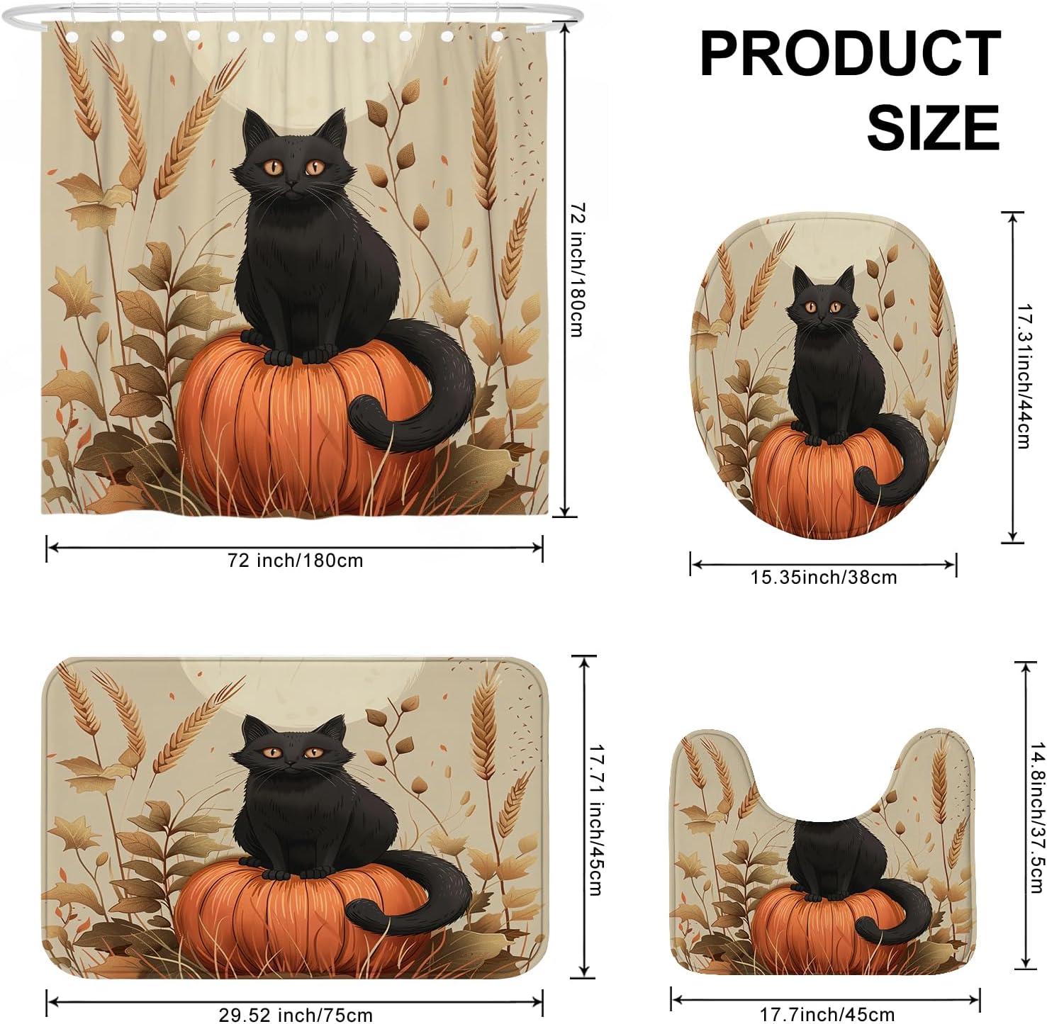 4PCS Fall Cartoon Cat Bath Accessory Set with Non-Slip Rug