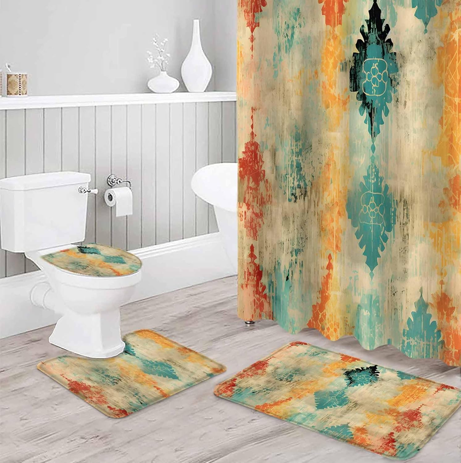 ZOE GARDEN Yellow Abstract Bathroom Set - Modern Art Shower Curtain and Rug Set