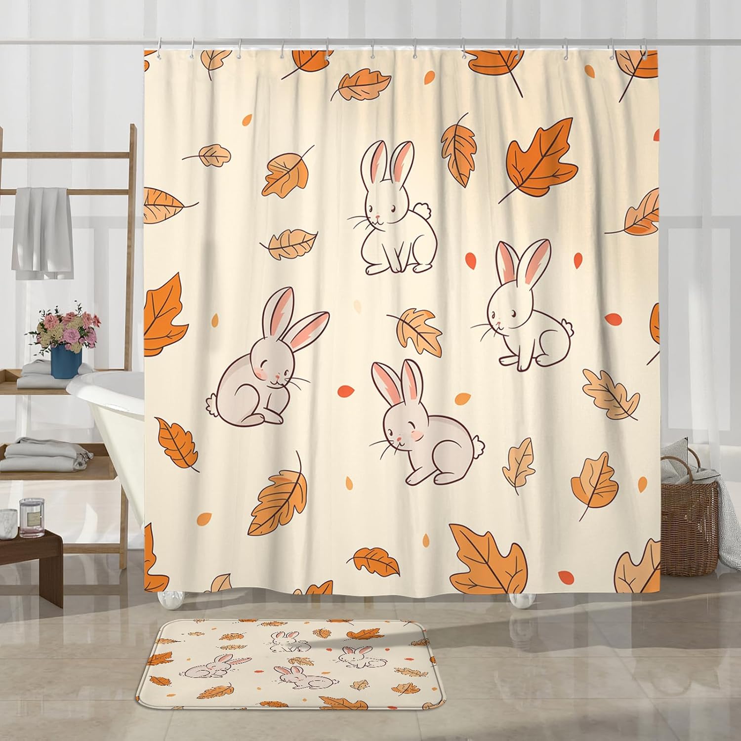 4PCS Fall Cartoon Rabbit Bathroom Set with Non-Slip Rug