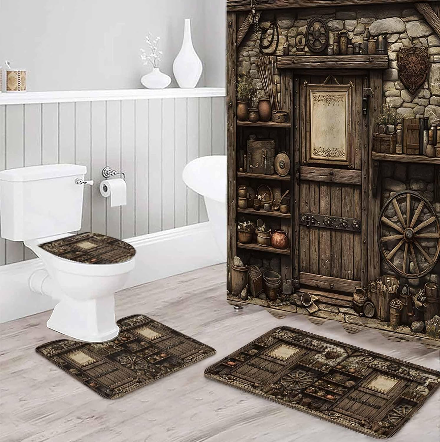 Farmhouse Wooden Bathroom Set with Shower Curtain and Rug Accessories