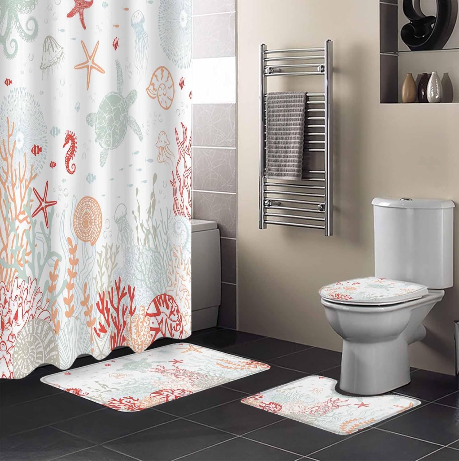 Coastal Turtle Bathroom Set with Shower Curtain Rug and Accessories