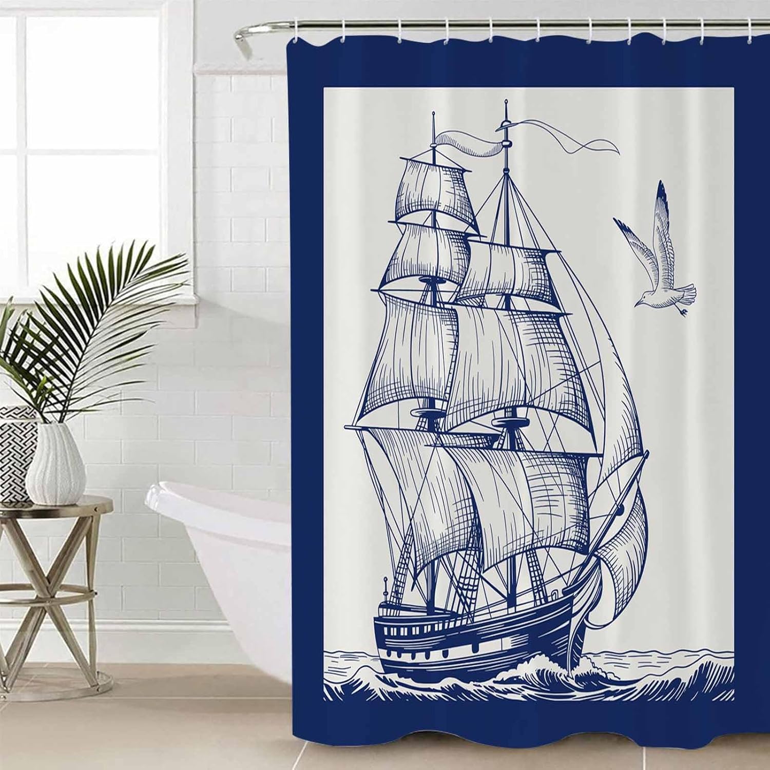 Nautical Sailboat Bathroom Set with Curtain Rug and Hooks - Navy Blue 36x72 Inches