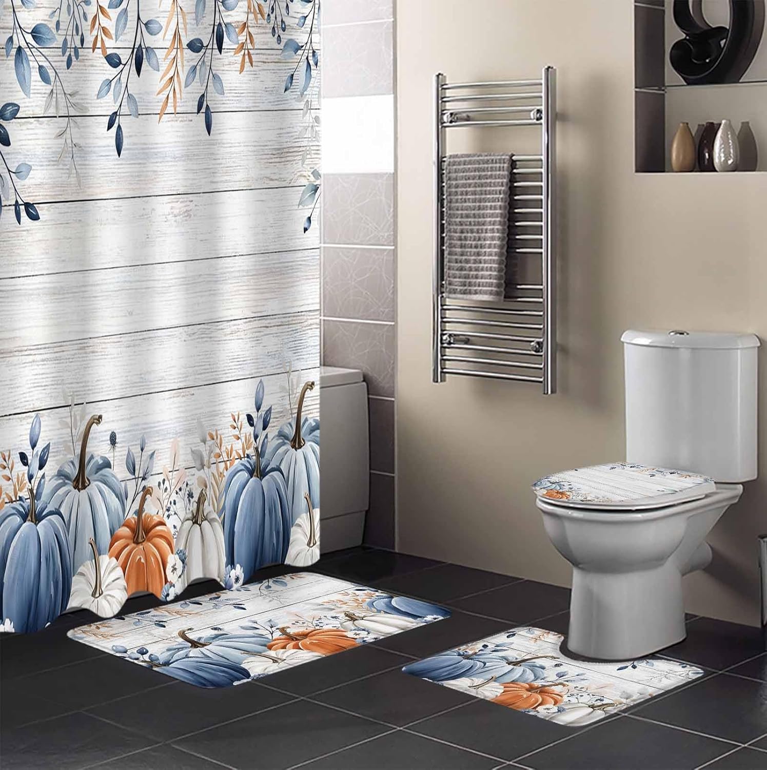 Thanksgiving Pumpkin Bathroom Set with Curtain Rug and Hooks